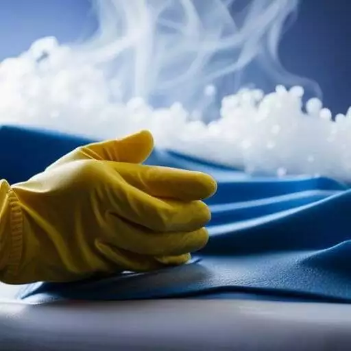 An image showcasing hands wearing rubber gloves, gently scrubbing a mattress topper with a mixture of mild detergent and warm water