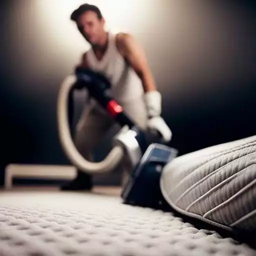 An image depicting a person gently vacuuming a mattress using a handheld vacuum cleaner